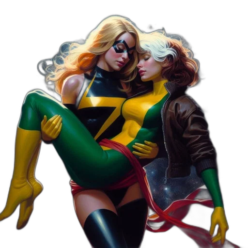 comic book art, concept art, golden, two, female, superheroes, embrace, under transparent PNG cut-out