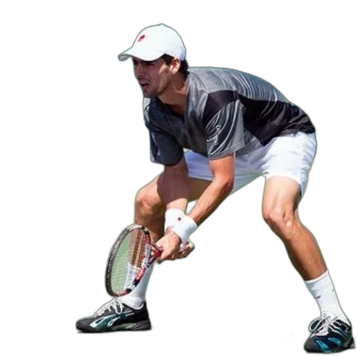 tennis, player, white, hat, black, gray, shirt, crouched transparent PNG cut-out