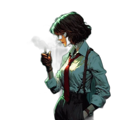 jacket, staff, umbrella, dress, comic book art, concept art, cyberpunk, fantasy art transparent PNG cut-out