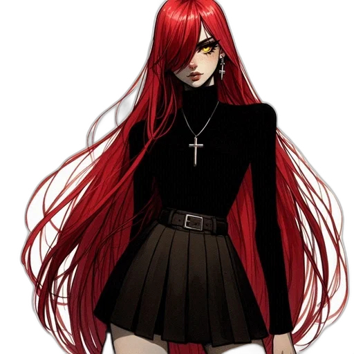 dress, hair, staff, concept art, anime, pixel art, fantasy art, red transparent PNG cut-out