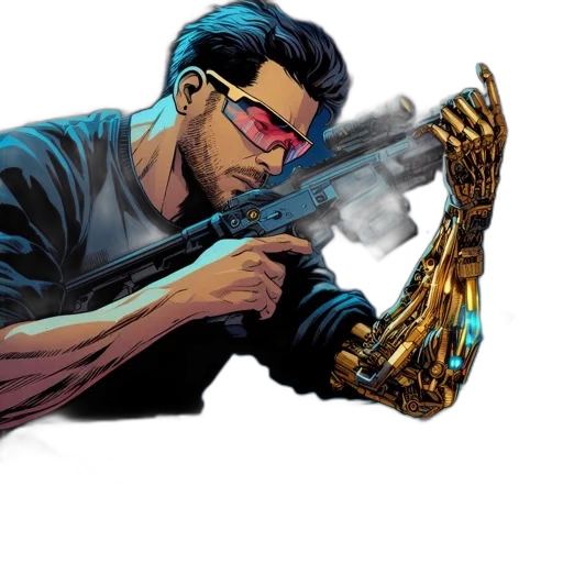 weapon, staff, comic book art, concept art, cyberpunk, cartoon, man, protective transparent PNG cut-out