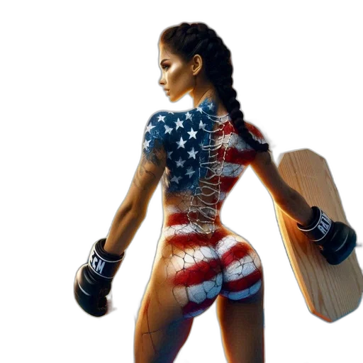 woman, american, flag, body, paint, stands, wooden, platform transparent PNG cut-out