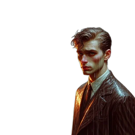 jacket, face, comic book art, concept art, photorealistic, cyberpunk, neon lights, dark transparent PNG cut-out