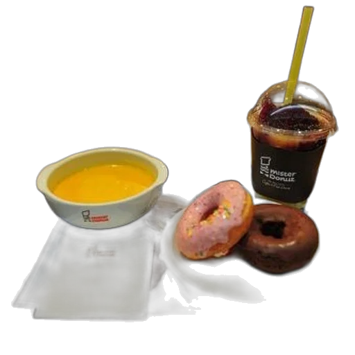 food, 3d render, tray, bowl, soup, two, donuts, drink transparent PNG cut-out