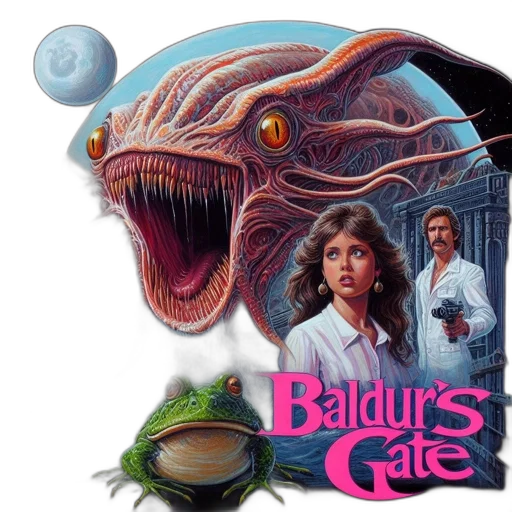 poster, baldur, gate, fearsome, creature, emerges, water, while transparent PNG cut-out