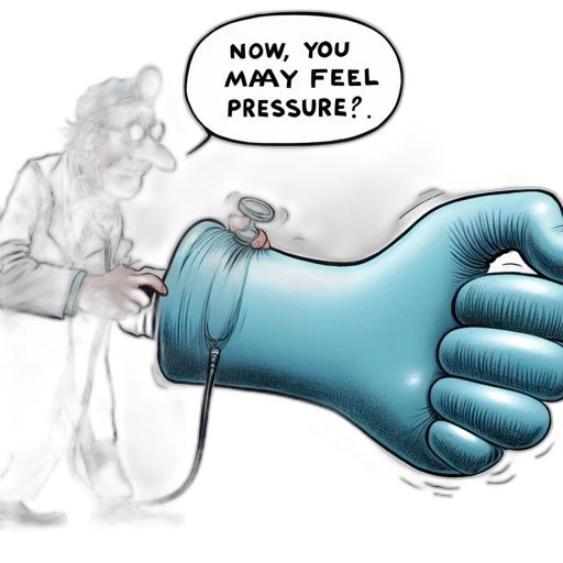 concept art, elderly, doctor, examines, large, blue, rubbery, hand transparent PNG cut-out
