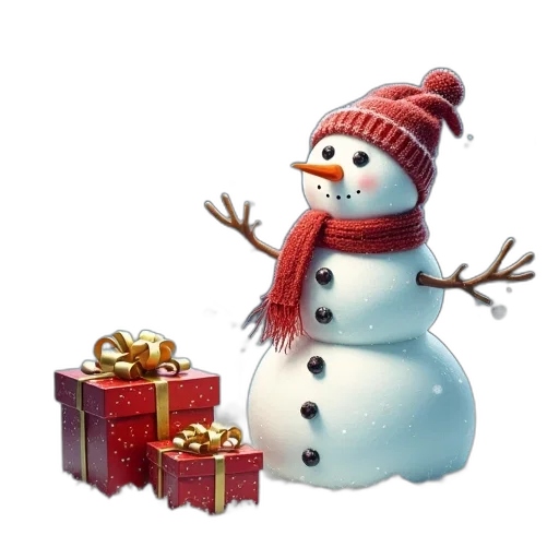 3d render, photorealistic, snow, snowman, christmas, presents, snowfall, scene transparent PNG cut-out