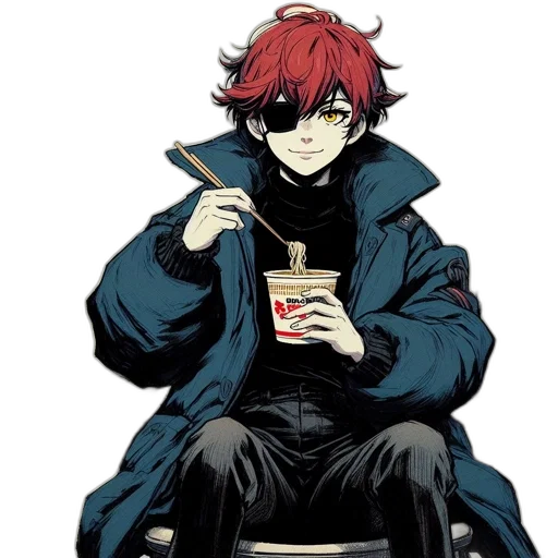 food, jacket, anime, concept art, pixel art, cyberpunk, red, dark transparent PNG cut-out
