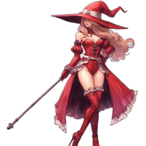 hat, staff, dress, weapon, concept art, fantasy art, pixel art, comic book art transparent PNG cut-out