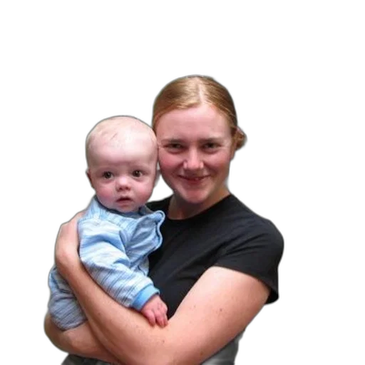 staff, face, photorealistic, woman, black, shirt, holds, baby transparent PNG cut-out