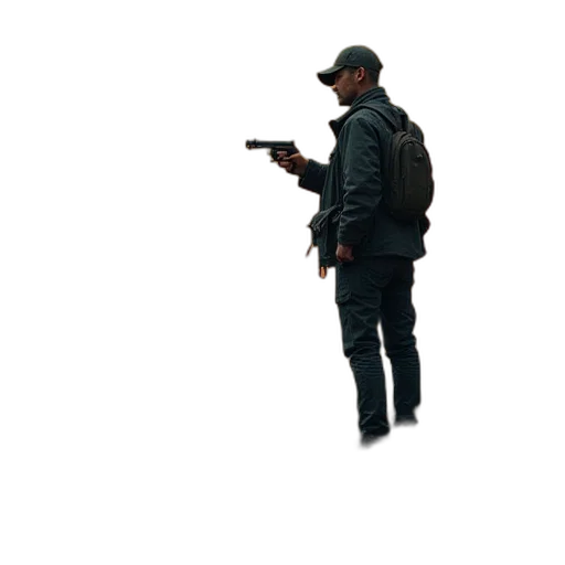 jacket, weapon, staff, hat, concept art, pixel art, 3d render, photorealistic transparent PNG cut-out