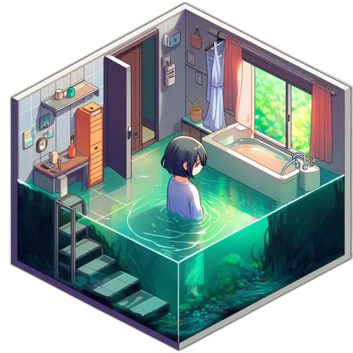 pixel art, concept art, 3d render, fantasy art, underwater, rain, forest, neon lights transparent PNG cut-out