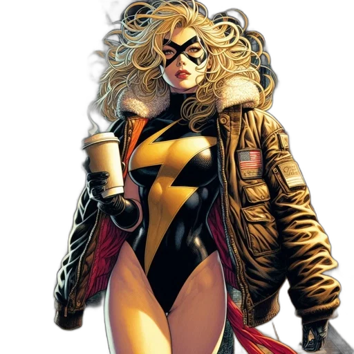 jacket, comic book art, concept art, female, superhero, blonde, hair, black transparent PNG cut-out