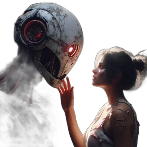 robot, mask, concept art, cyberpunk, comic book art, photorealistic, outer space, woman transparent PNG cut-out
