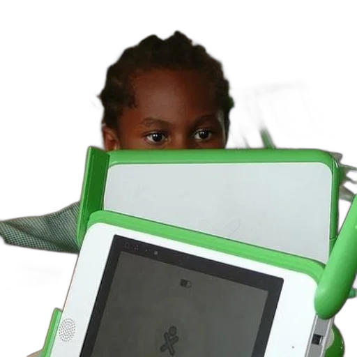 child, sits, behind, several, green, white, tablets, one transparent PNG cut-out