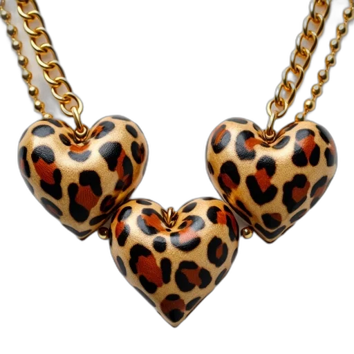jewelry, 3d render, four, leopard, print, hearts, gold, chain transparent PNG cut-out