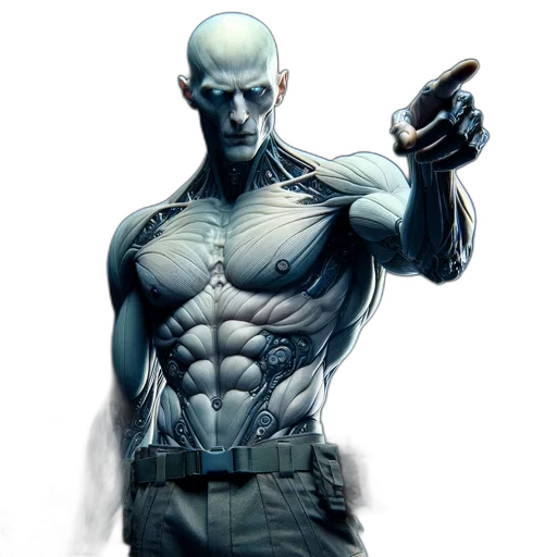 comic book art, concept art, cyberpunk, fantasy art, three, figure, one, organic-mechanical transparent PNG cut-out