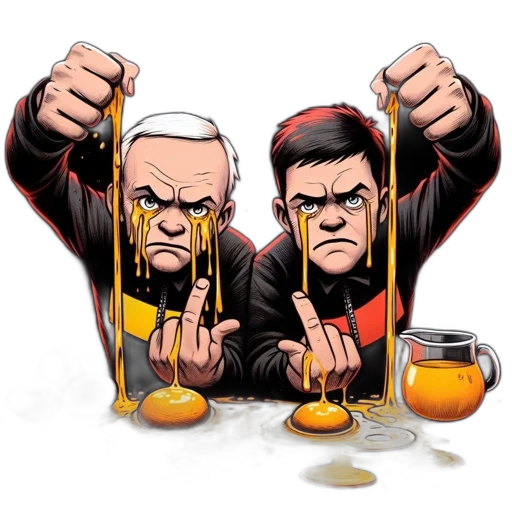 comic book art, concept art, cartoon, two, characters, hold, dripping, yellow transparent PNG cut-out