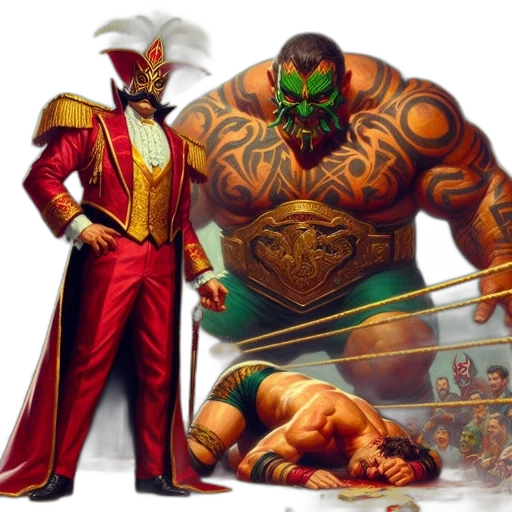 concept art, comic book art, fantasy art, wrestling, arena, victorious, man, green transparent PNG cut-out