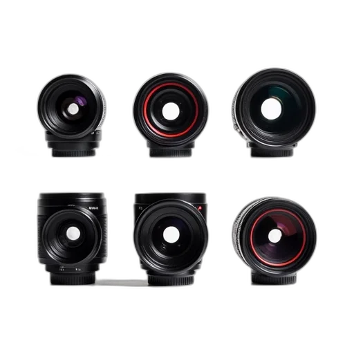 collection, six, professional, camera, lenses, displayed, against, white transparent PNG cut-out