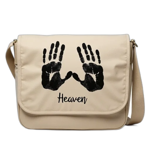 beige, canvas, messenger, bag, black, handprint, design, front transparent PNG cut-out