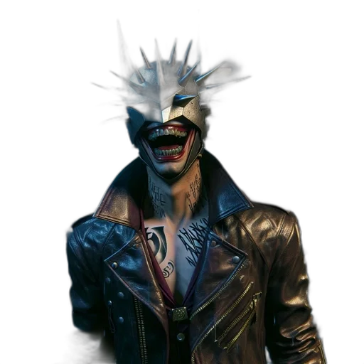 mask, jacket, creature, face, concept art, cyberpunk, 3d render, comic book art transparent PNG cut-out