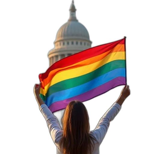 woman, holding, rainbow, flag transparent PNG cut-out