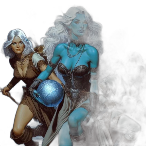 fantasy art, comic book art, concept art, watercolor, blue, four, women, underground transparent PNG cut-out
