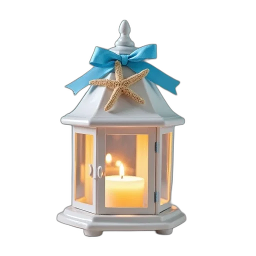 white, lantern, blue, ribbon, starfish, decoration, top, lit transparent PNG cut-out