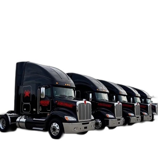 concept art, 3d render, row, black, semi-trucks, red, logos, side transparent PNG cut-out