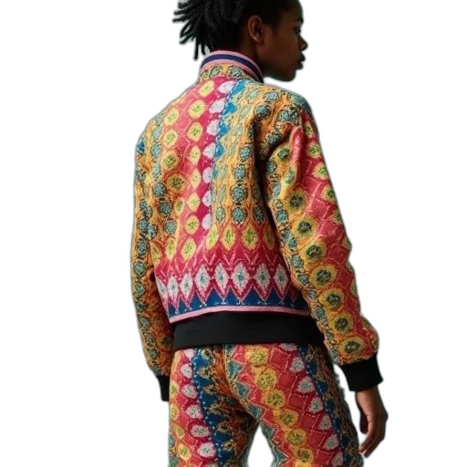 jacket, colorful, person, wearing, patterned, high, collar, matching transparent PNG cut-out