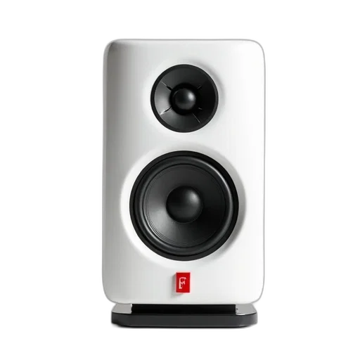 robot, 3d render, photorealistic, white, speaker, circular, grill, red transparent PNG cut-out