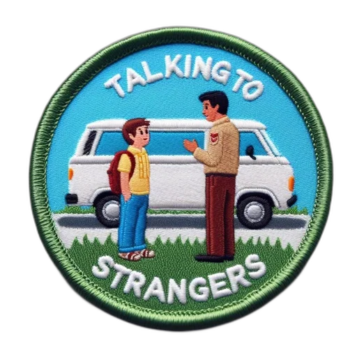 circular, patch, features, scene, boy, man, talking, smile transparent PNG cut-out