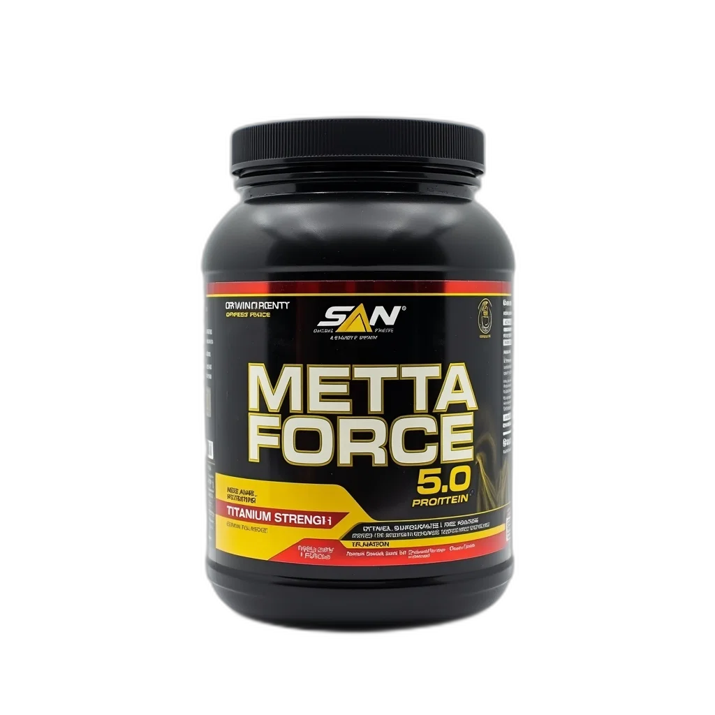 bottle, metta, force, protein, powder, black, cap, label transparent PNG cut-out