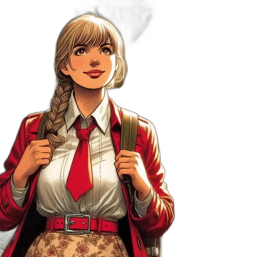 jacket, comic book art, concept art, fantasy art, photorealistic, red, woman, patterned transparent PNG cut-out