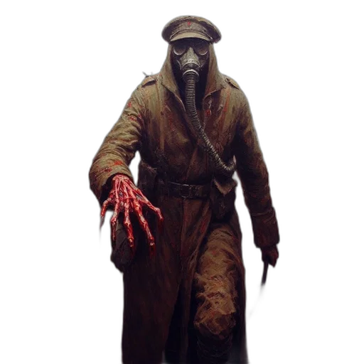 mask, creature, staff, jacket, concept art, during, what, seems transparent PNG cut-out