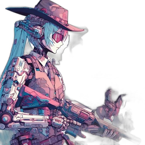 robot, weapon, jacket, cyberpunk, concept art, watercolor, comic book art, blue transparent PNG cut-out