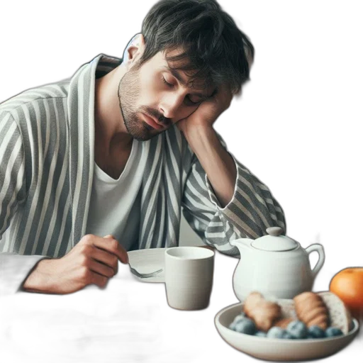 food, photorealistic, oil painting, 3d render, concept art, fog, man, sits transparent PNG cut-out