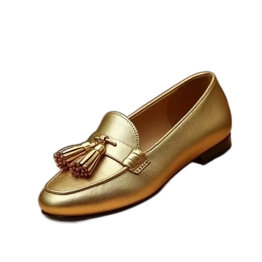 shoes, jewelry, 3d render, photorealistic, golden, gold, loafer, tasselled transparent PNG cut-out