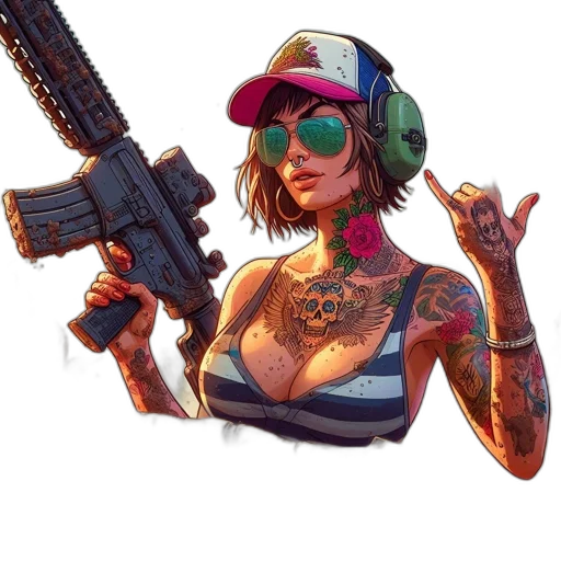 weapon, jacket, face, jewelry, cyberpunk, concept art, pixel art, comic book art transparent PNG cut-out