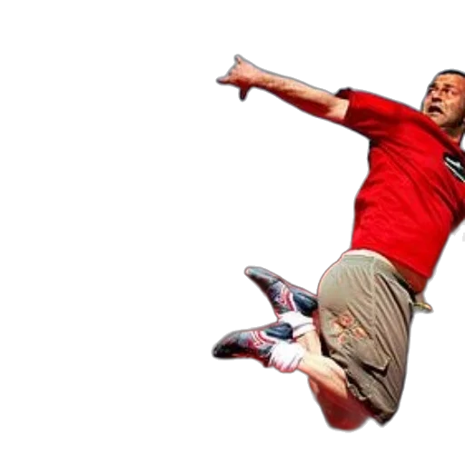 man, red, shirt, beige, shorts, jumps, catch, yellow transparent PNG cut-out