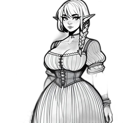 dress, fantasy art, concept art, pencil sketch, pixel art, monochrome, elf-like, woman transparent PNG cut-out