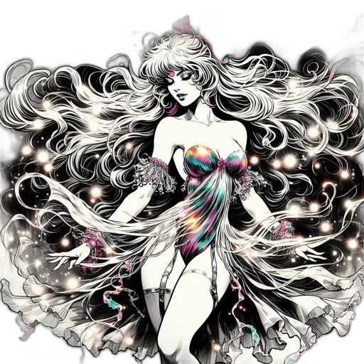 dress, comic book art, fantasy art, concept art, anime, monochrome, dark, colorful transparent PNG cut-out