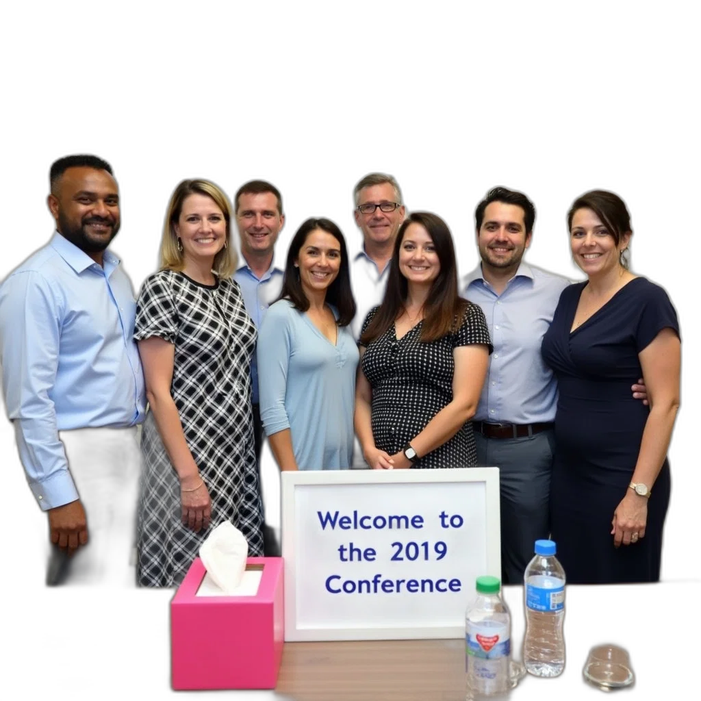 staff, group, people, standing, around, table, sign, reads transparent PNG cut-out