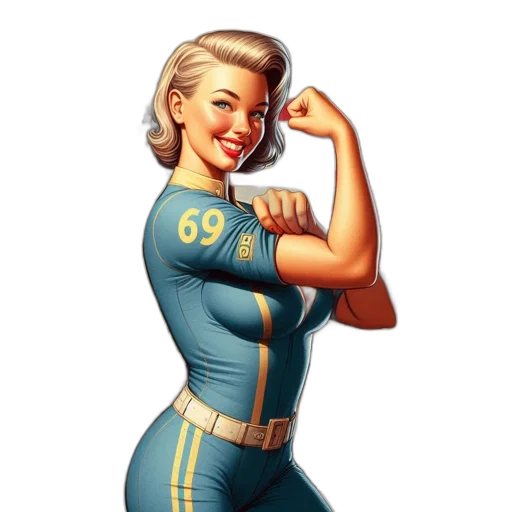 comic book art, concept art, cartoon, pixel art, woman, blue, jumpsuit, number transparent PNG cut-out