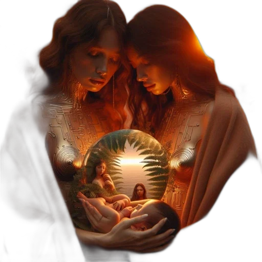 photorealistic, oil painting, fantasy art, fire, two, golden, adorned, women transparent PNG cut-out