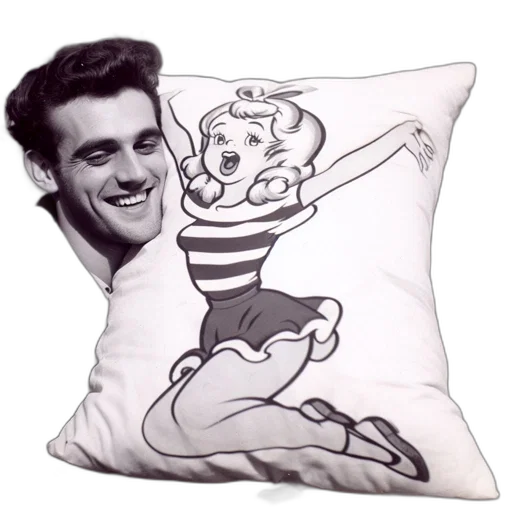cartoon, young, man, happily, holds, pillow, featuring, cheerful transparent PNG cut-out