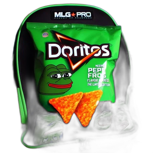 food, 3d render, photorealistic, backpack, large, doritos, bag, pepe transparent PNG cut-out