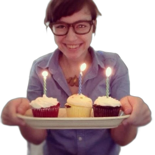 staff, woman, glasses, holds, tray, cupcakes, lit, candles transparent PNG cut-out