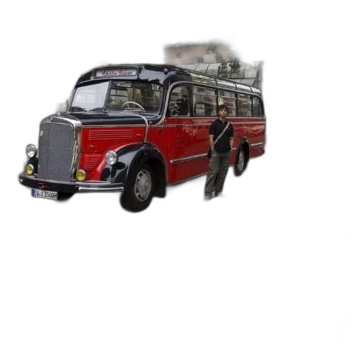 car, photorealistic, 3d render, concept art, vintage, red, bus, cobblestone transparent PNG cut-out